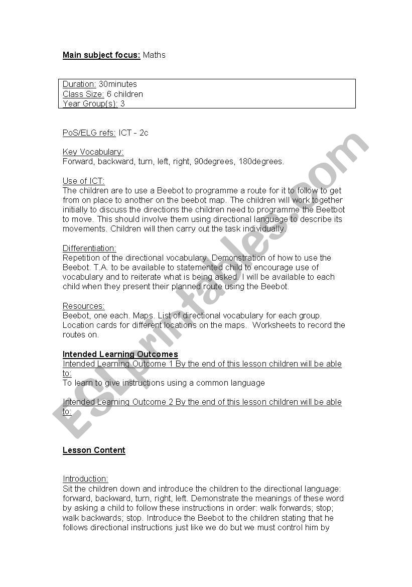 Lesson Plan - Beebots - Directions