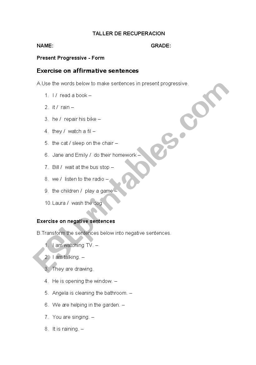 present progresive worksheet