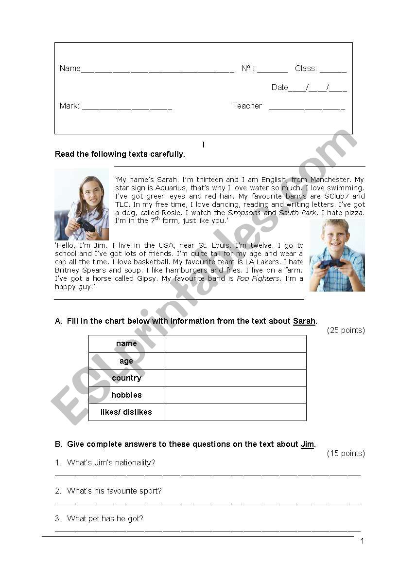 elementary test worksheet