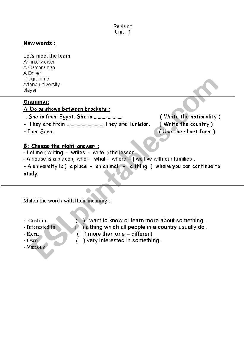 Revision worksheet