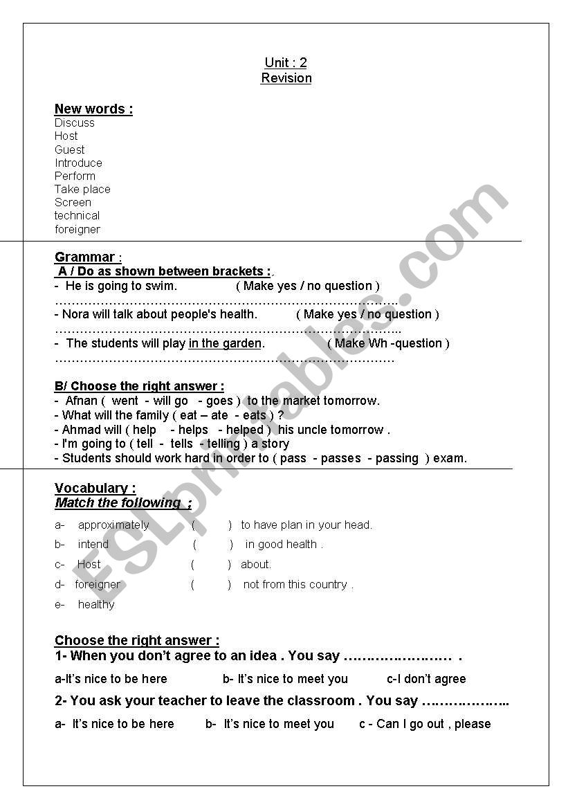 Unit 2       The future tense worksheet