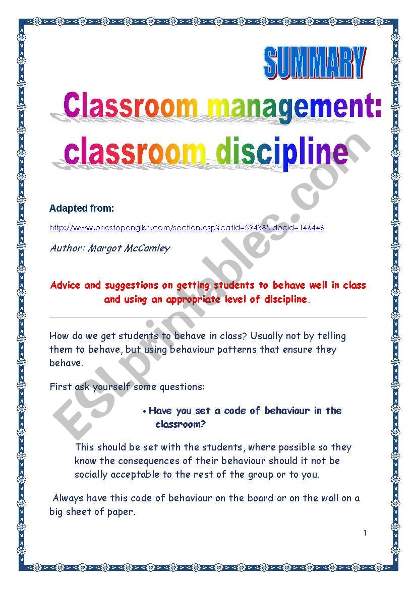 Classroom management: discipline (article summary)