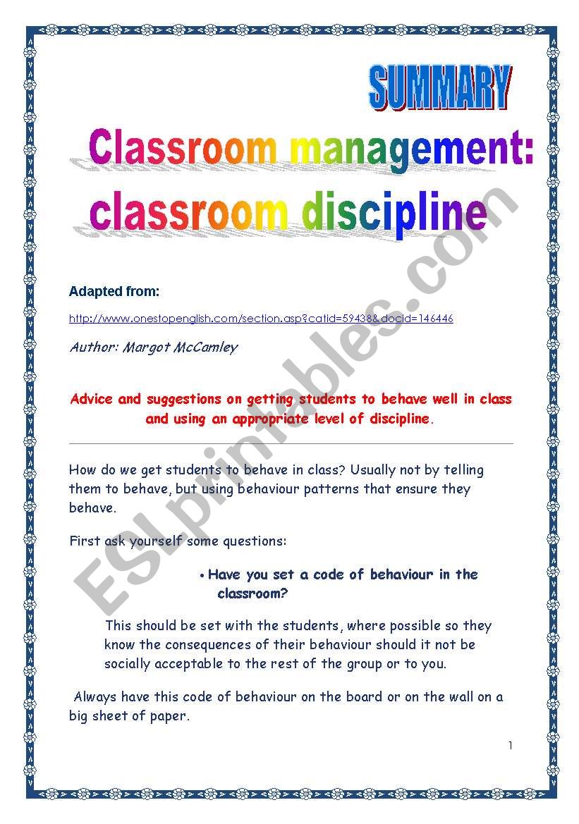 Classroom management: discipline (article summary)