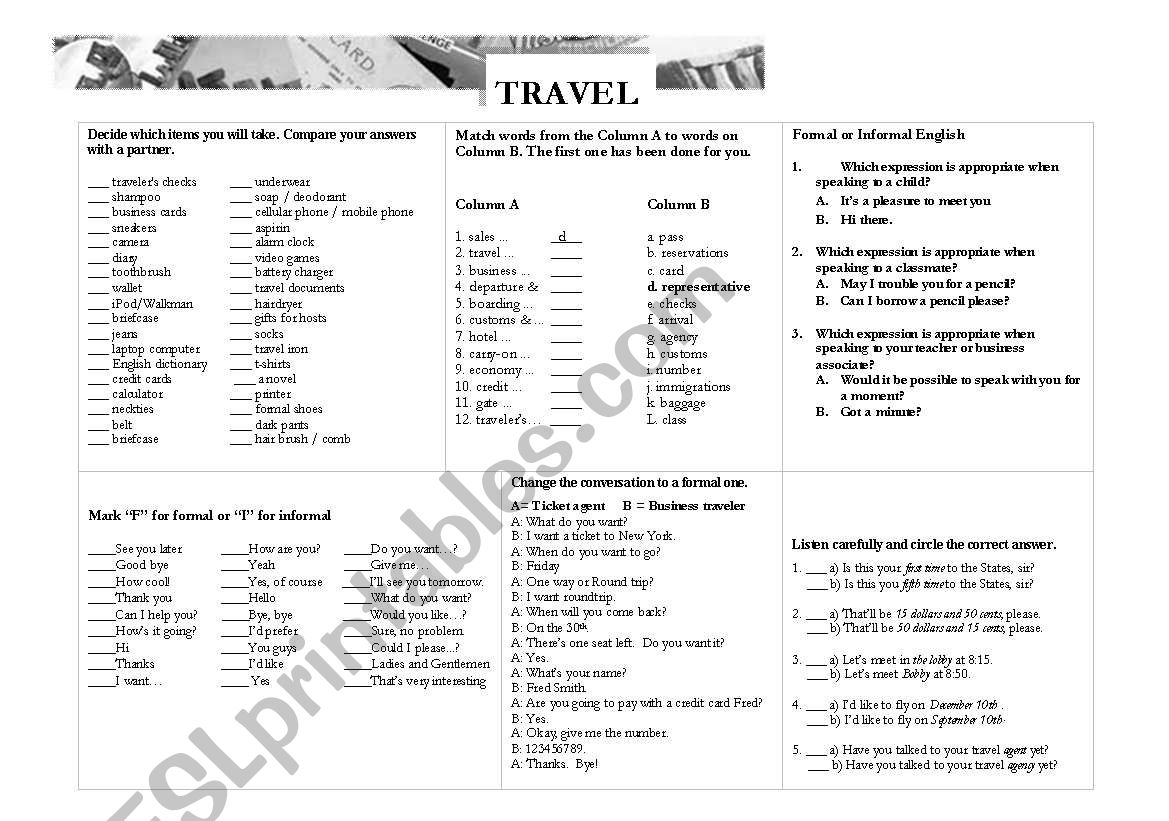 TRavel Formal and Informal worksheet