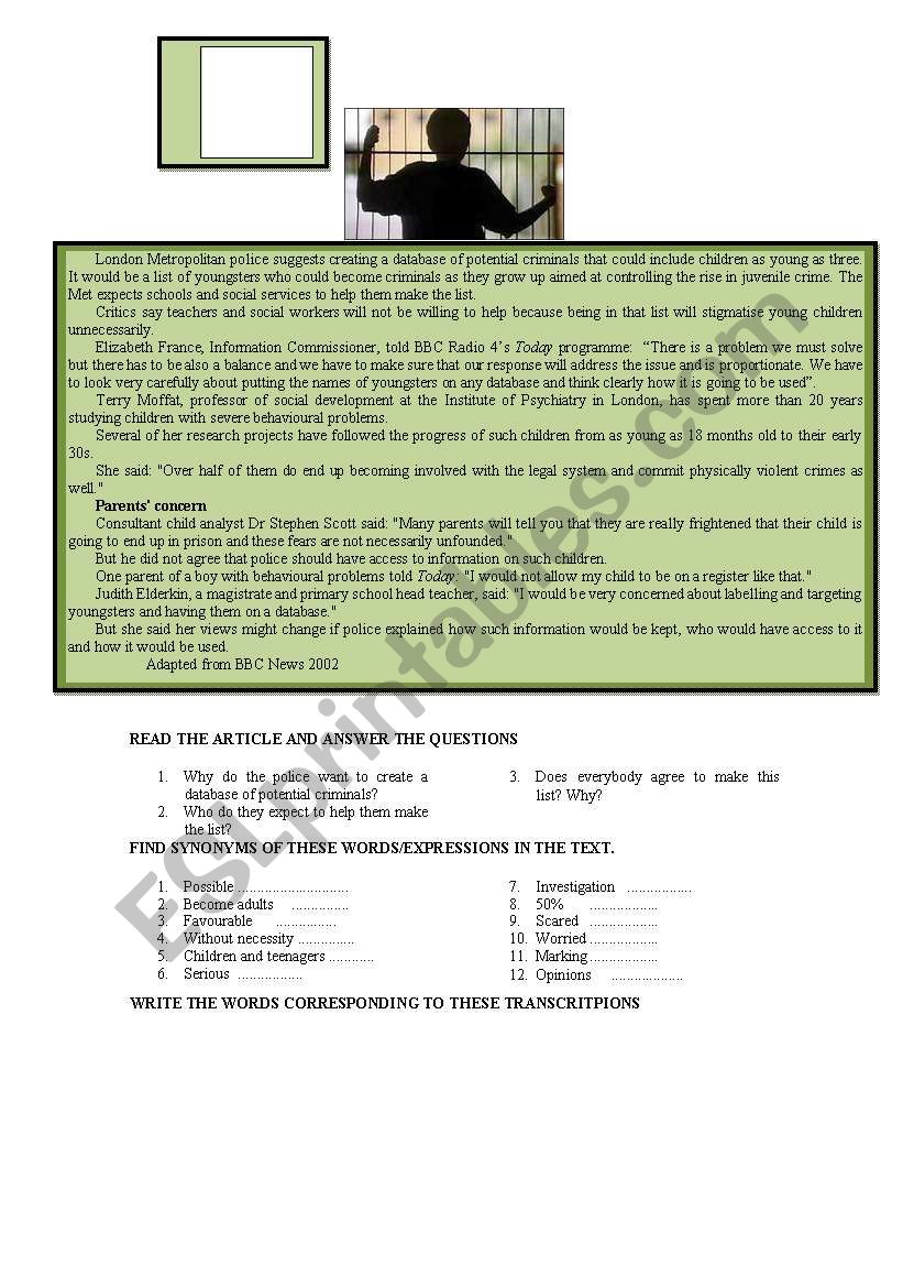 JUVENILE CRIME LIST worksheet