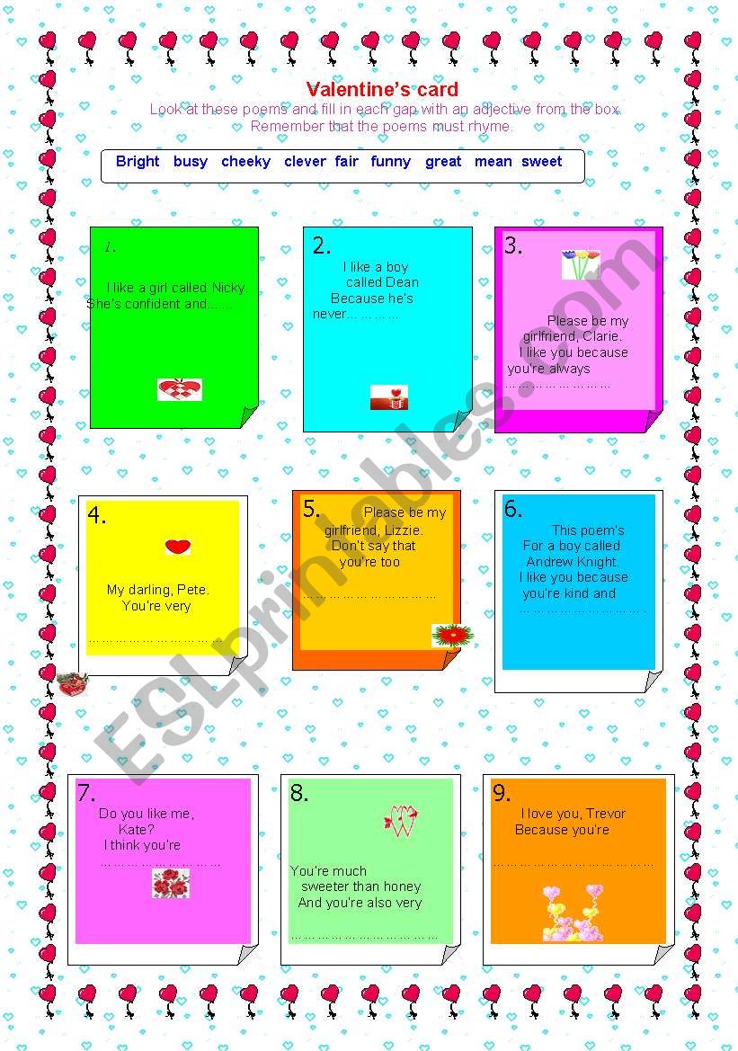 Valentines card worksheet