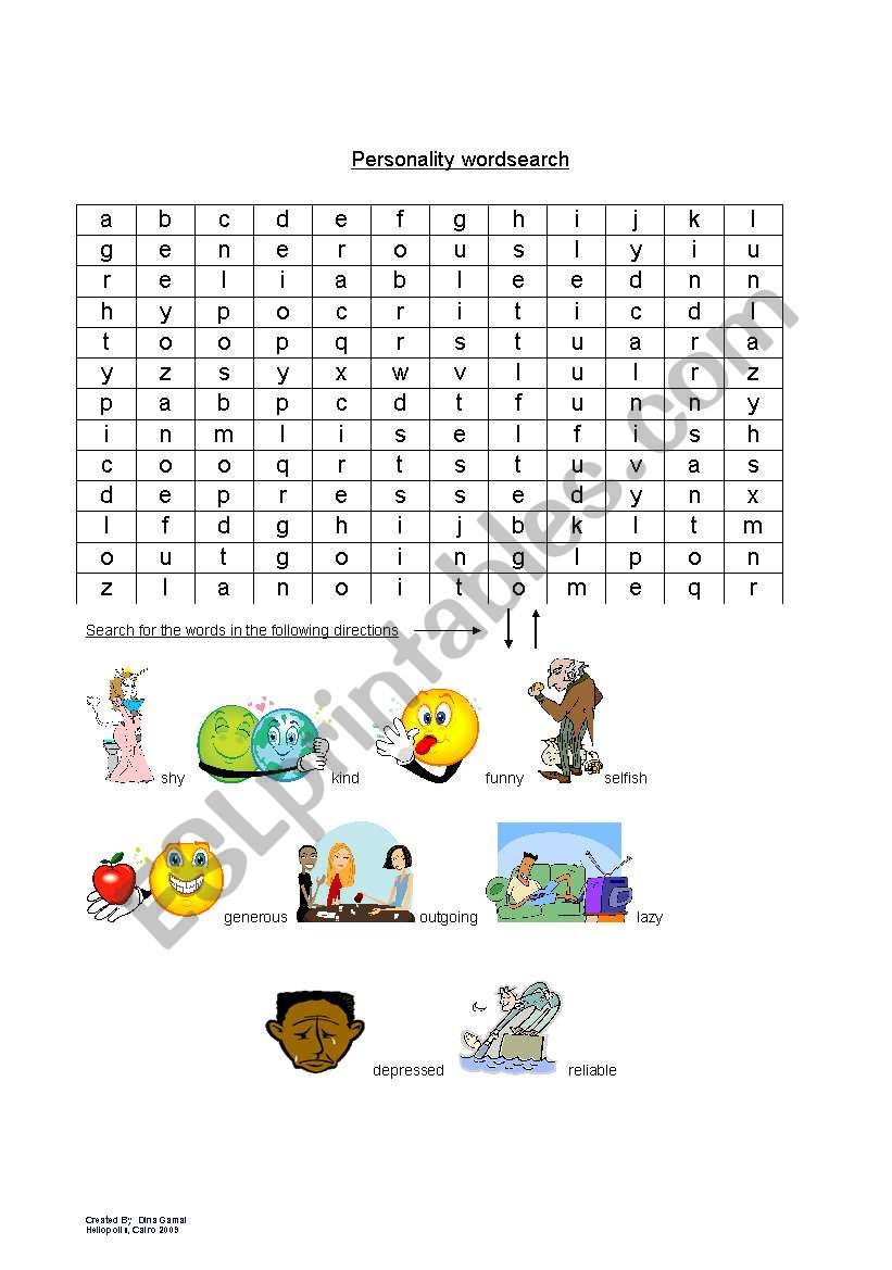 personality  wordsearch worksheet