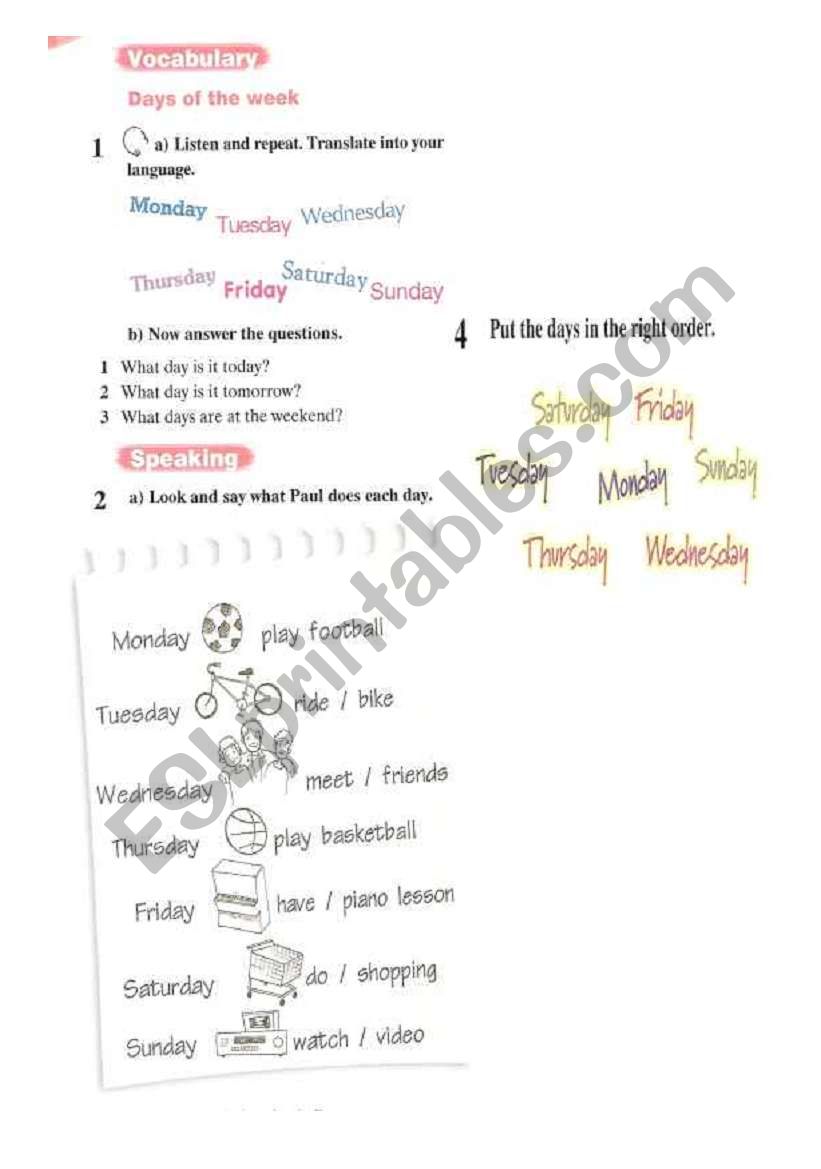 days of week  worksheet