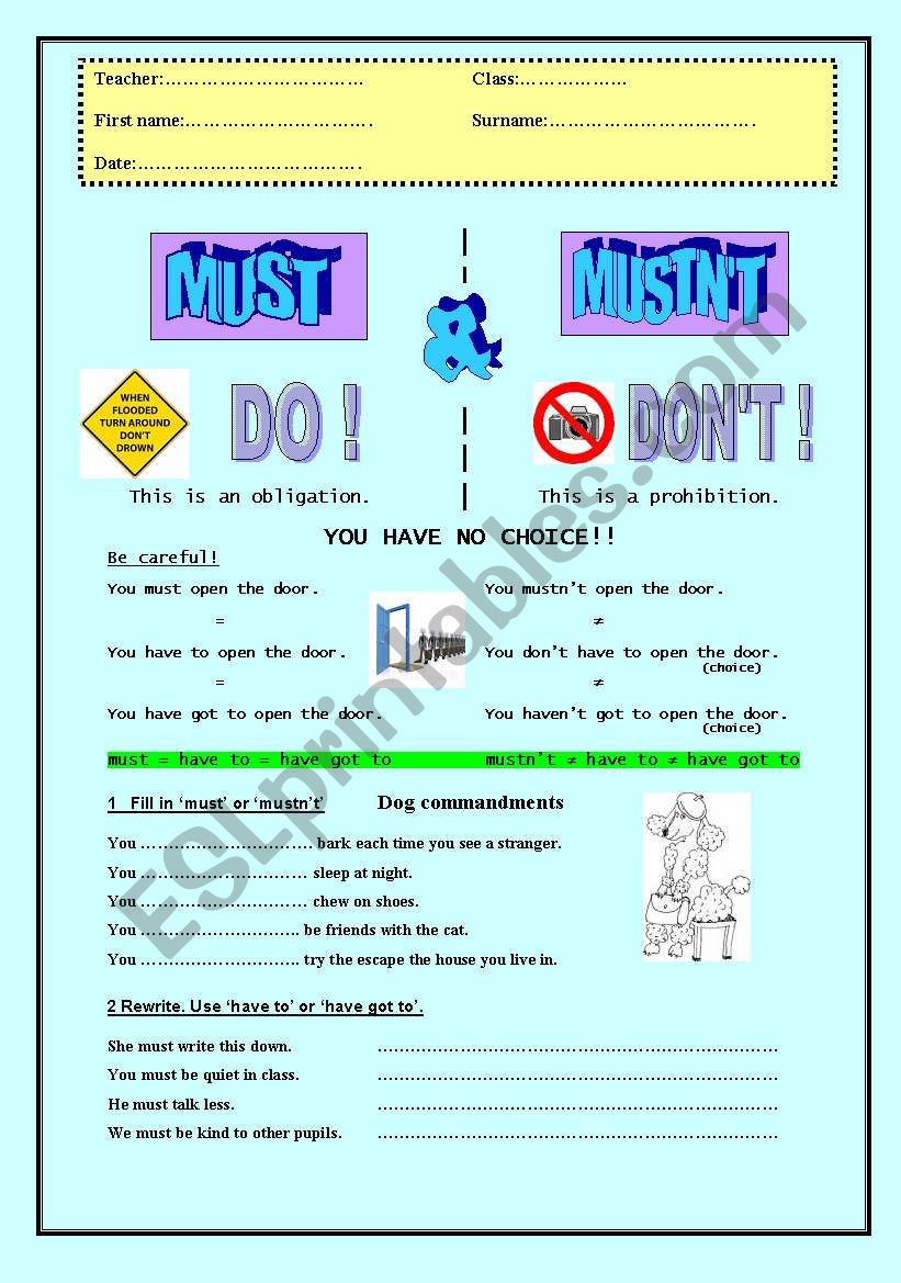 must and mustnt worksheet
