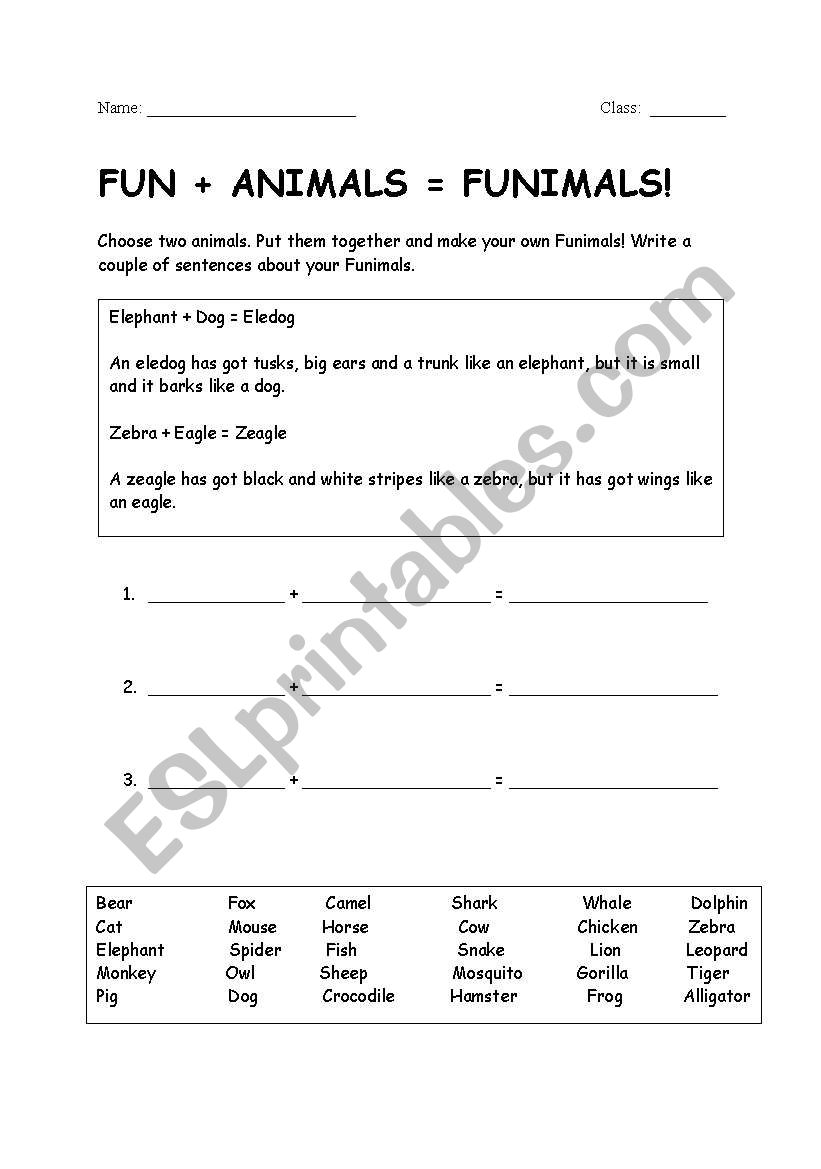 FUN+ANIMALS = FUNIMALS worksheet