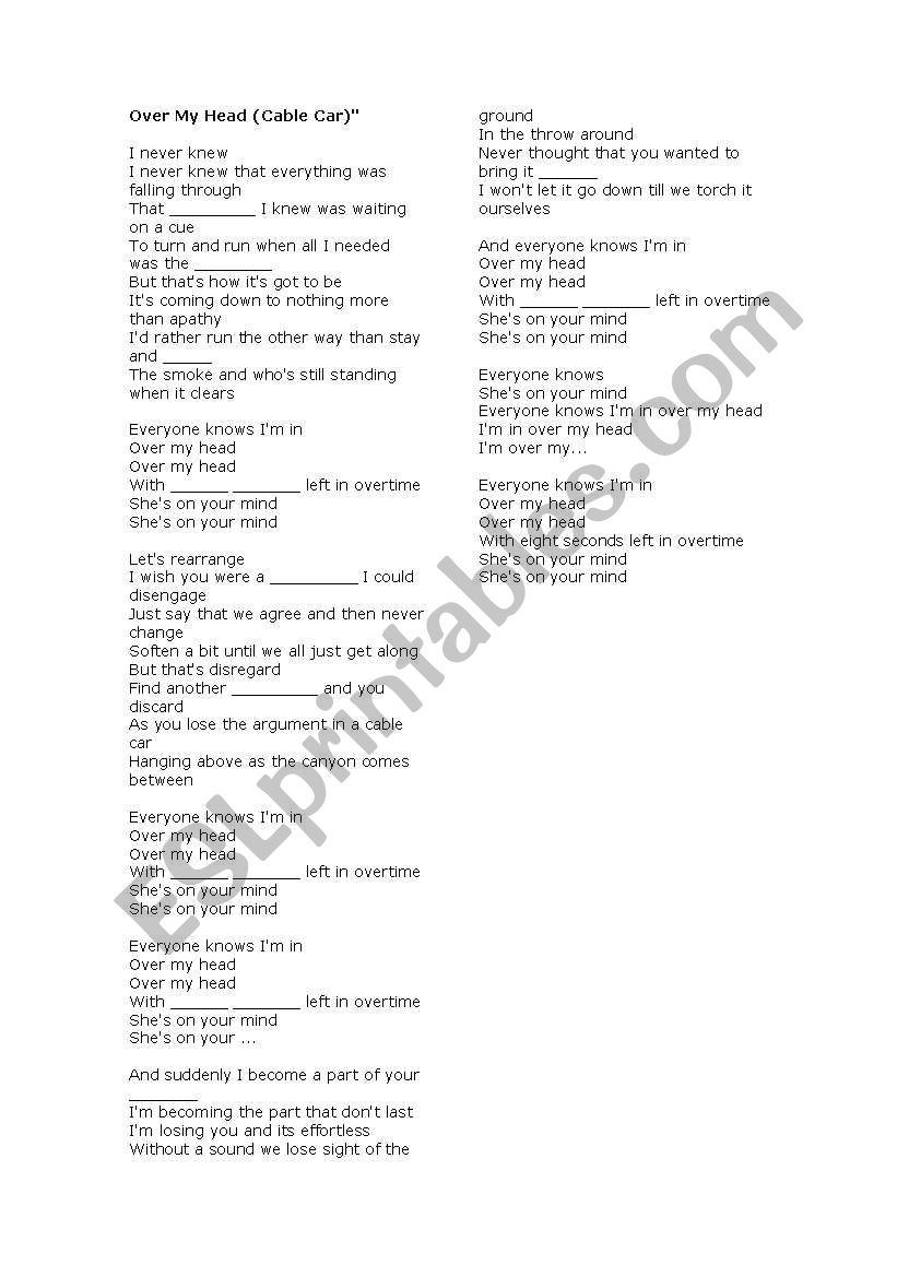 OVER MY HEAD SONG by The Fray worksheet