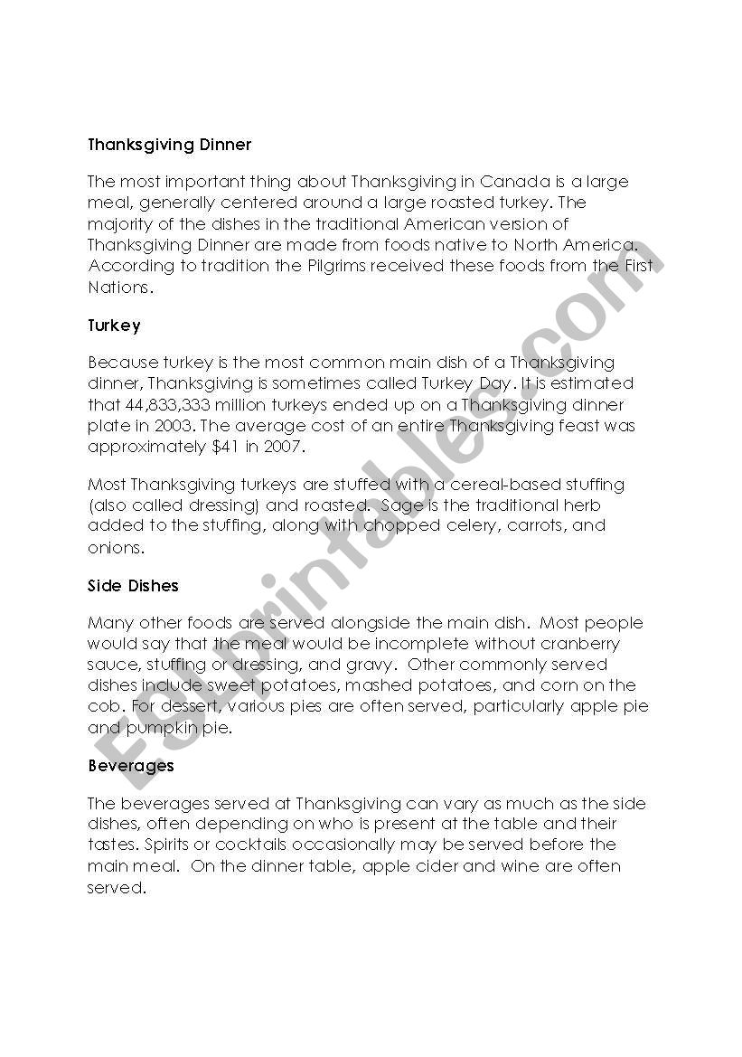 The Story of Thanskgiving worksheet