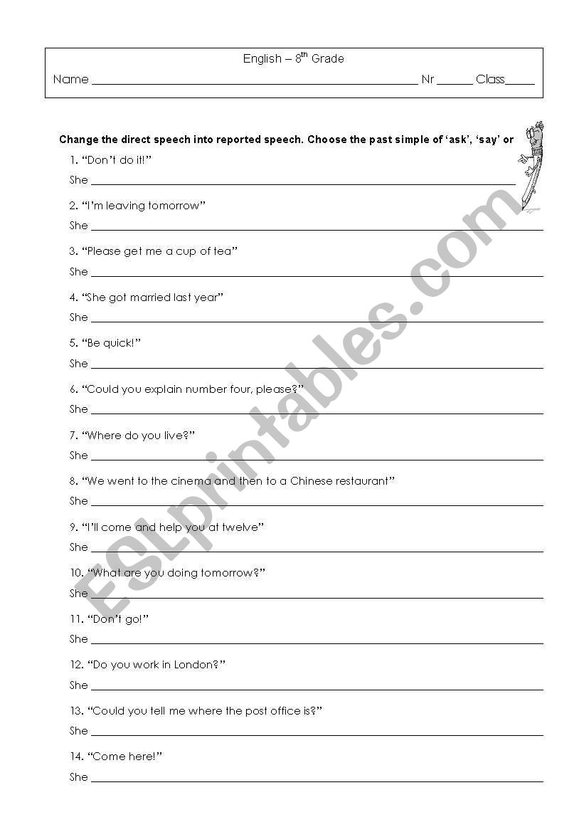 exercises reported sppech worksheet