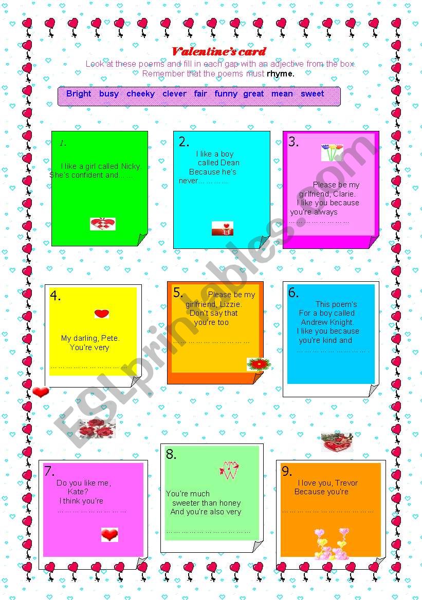 Valentines card worksheet