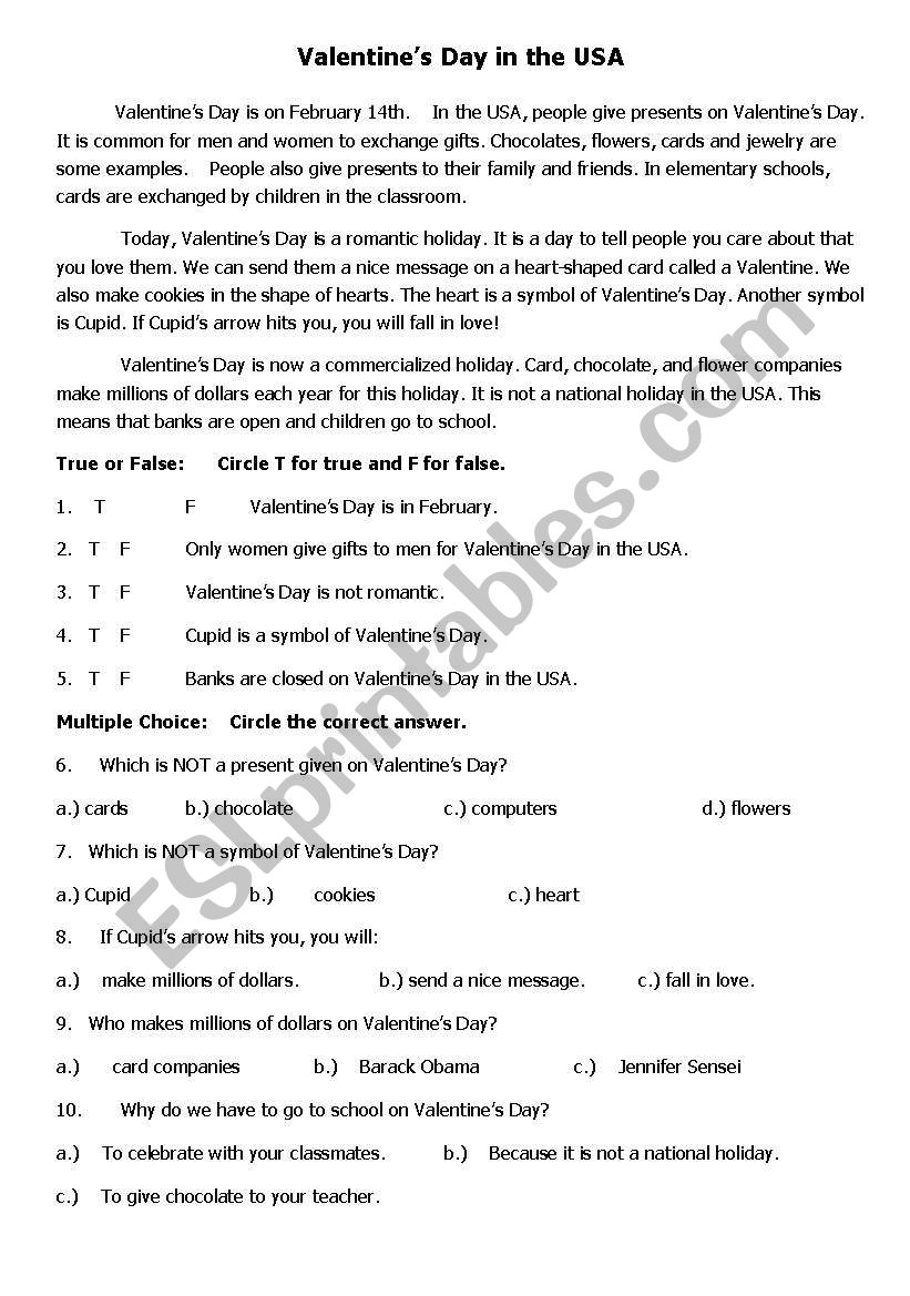 Valentines Day in the USA worksheet