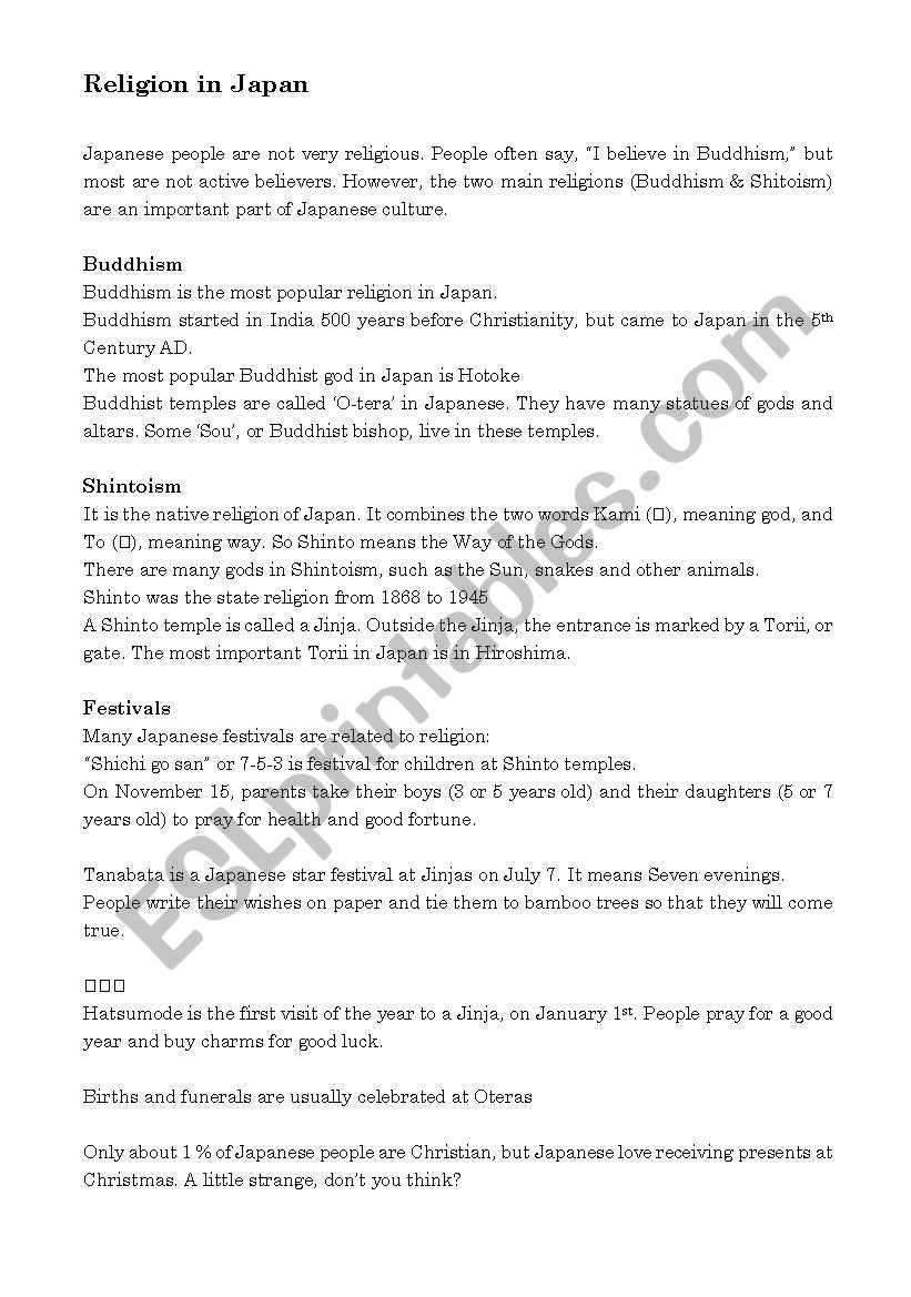 Talking- Religionin Japan worksheet