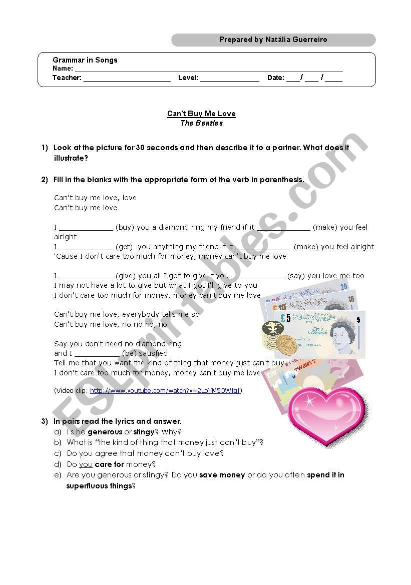 Beatles - Cant Buy Me Love worksheet