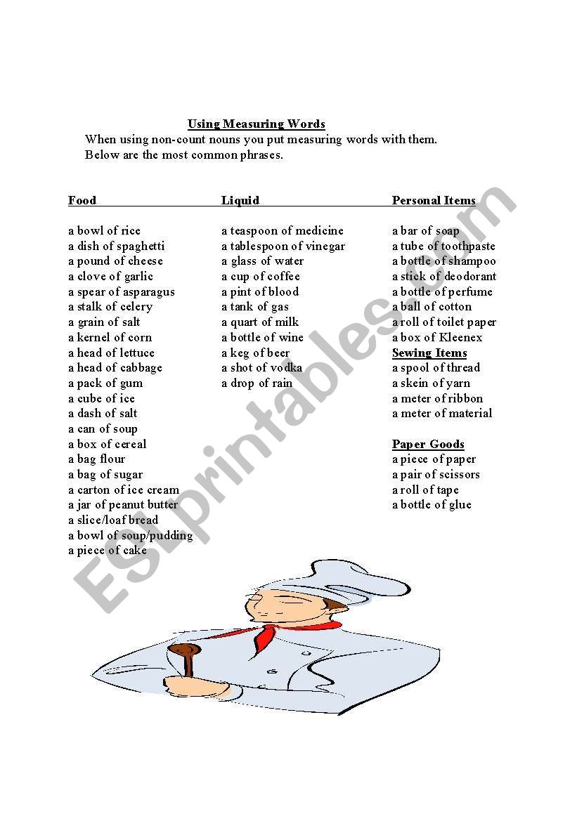 Using Measuring Words for food, liquid and other items