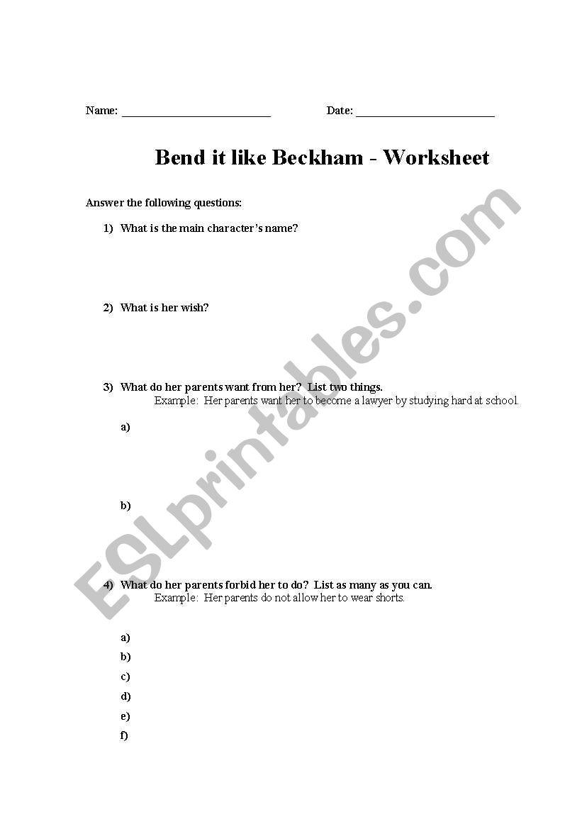 Bend it like Beckham worksheet