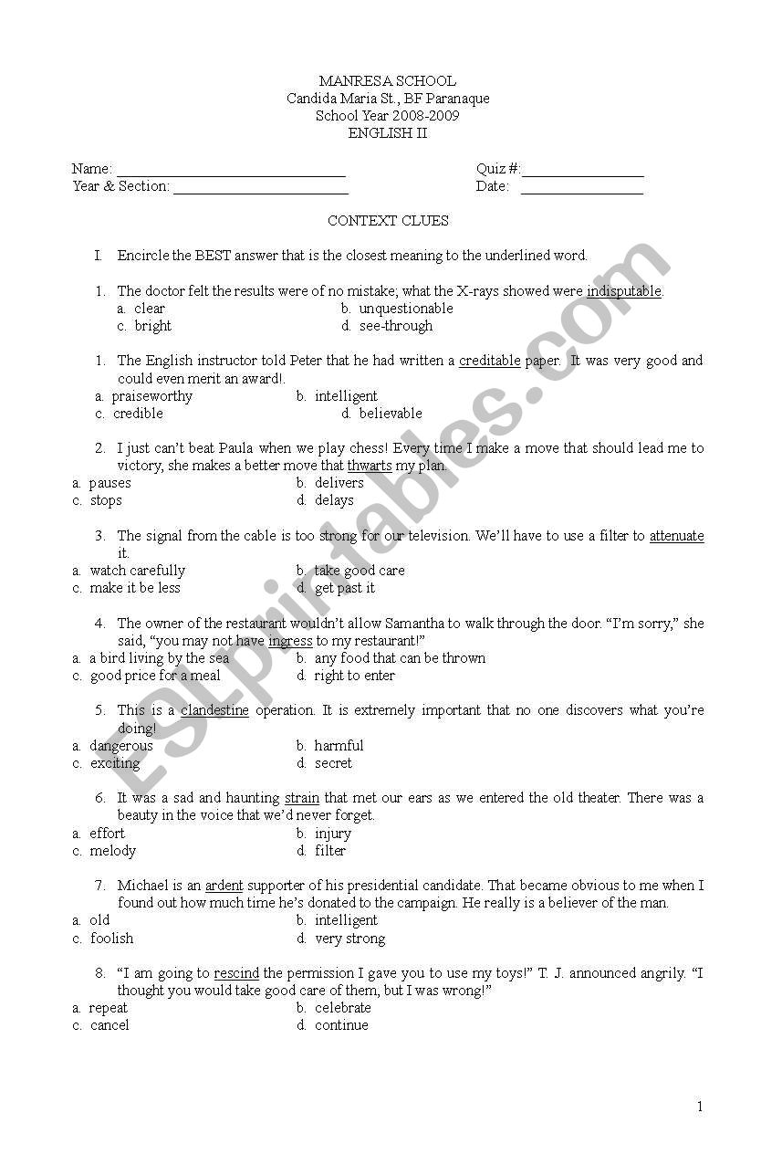 Context Clues quiz worksheet