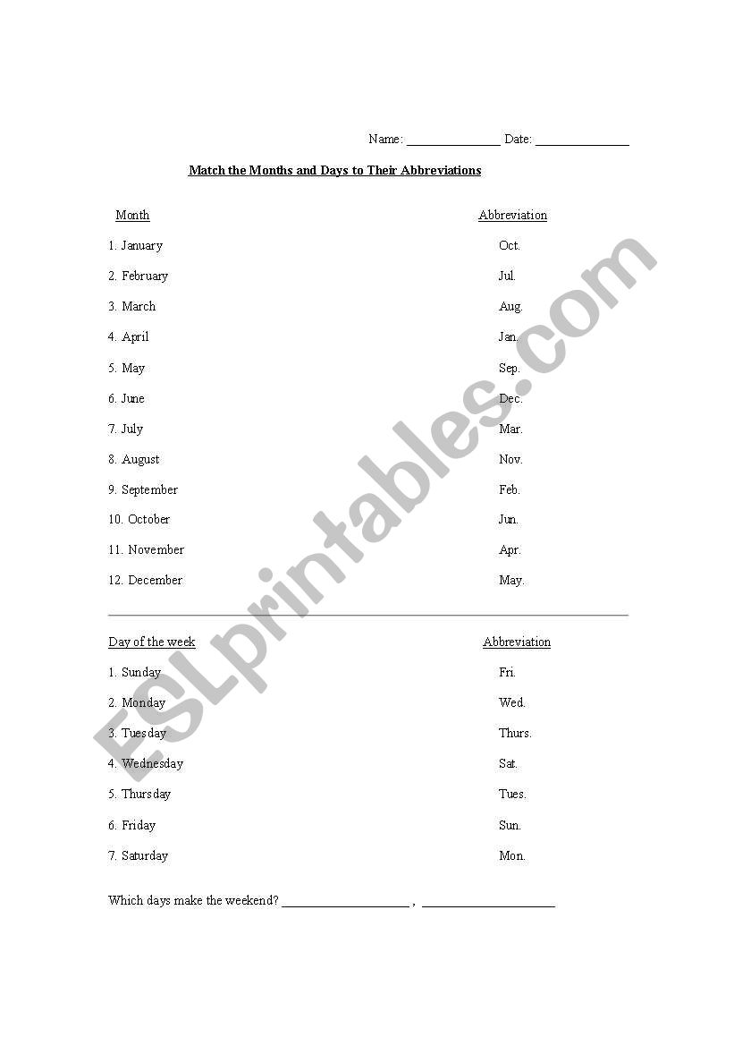 matching abbreviations, months and days