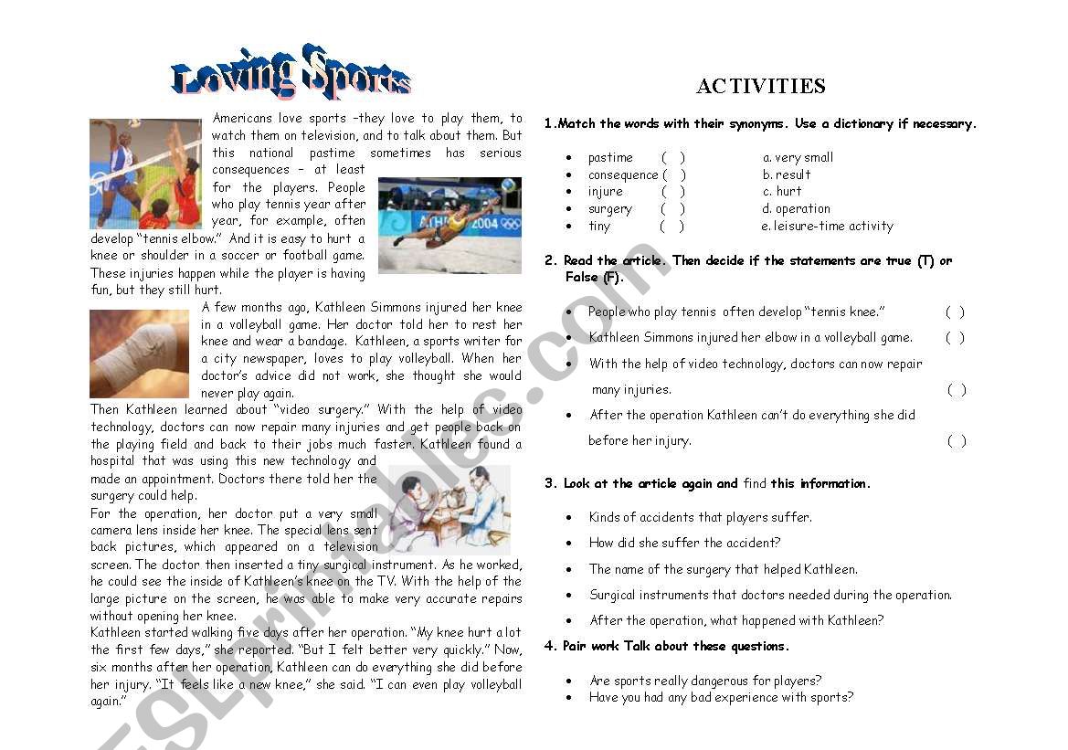 reading:loving sports worksheet