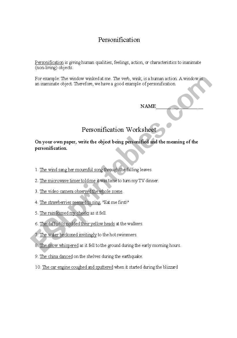 Personification worksheet