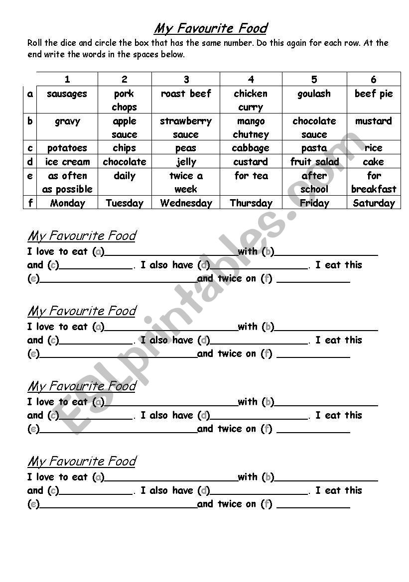 Favourite Food game worksheet