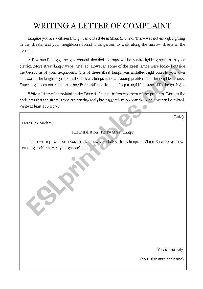 Writing a Letter of Complaint worksheet