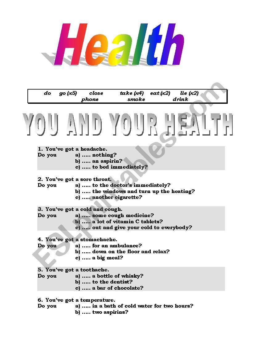 Helth - verb quiz worksheet