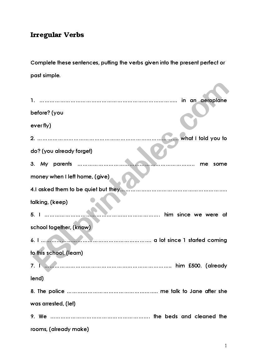 Irregular verbs - Exercises worksheet