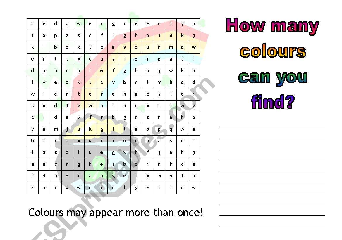 Colours wordsearch worksheet