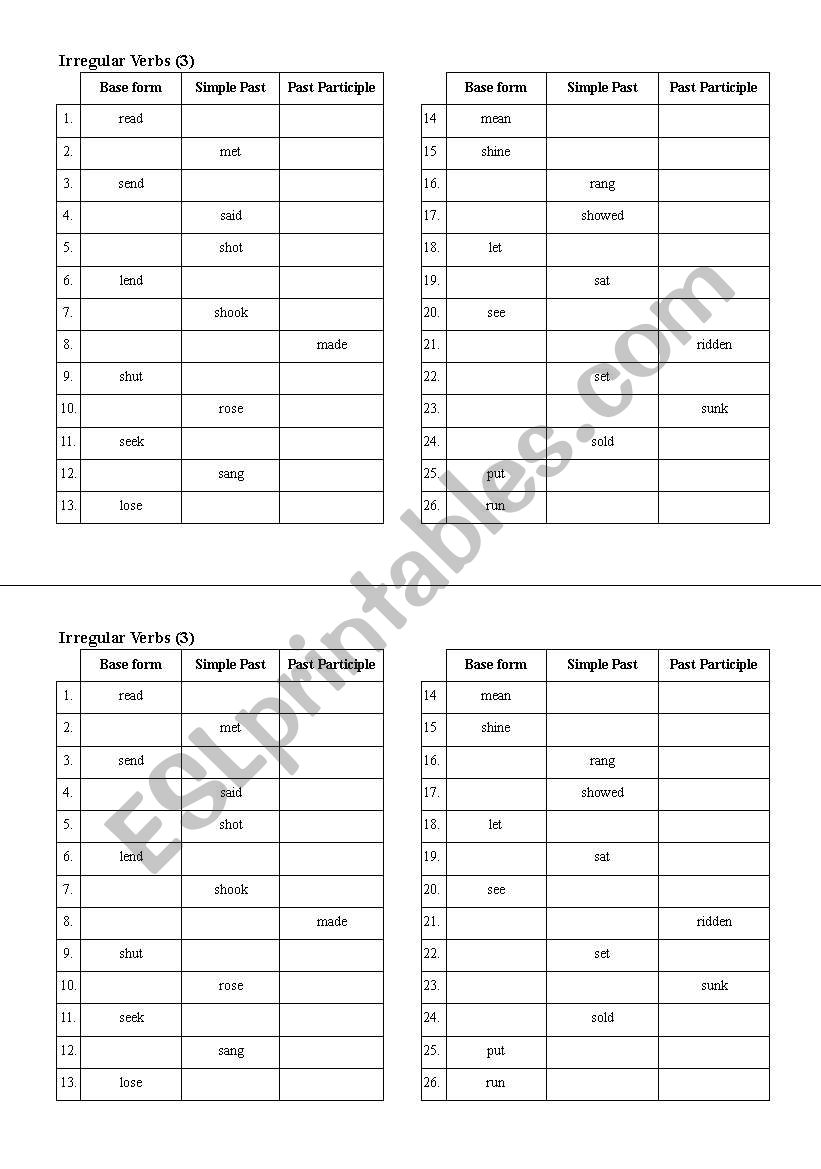 irregular verbs (3) worksheet