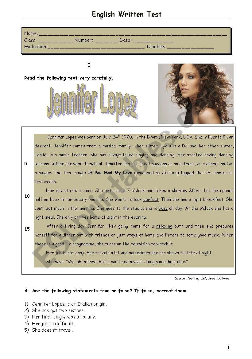 Test- Jennifer Lopez worksheet