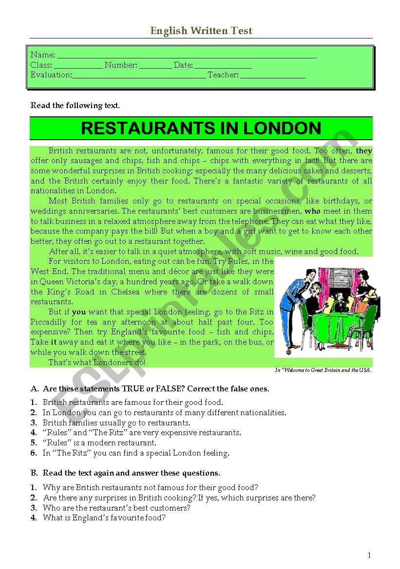 Test - Restaurants in London worksheet