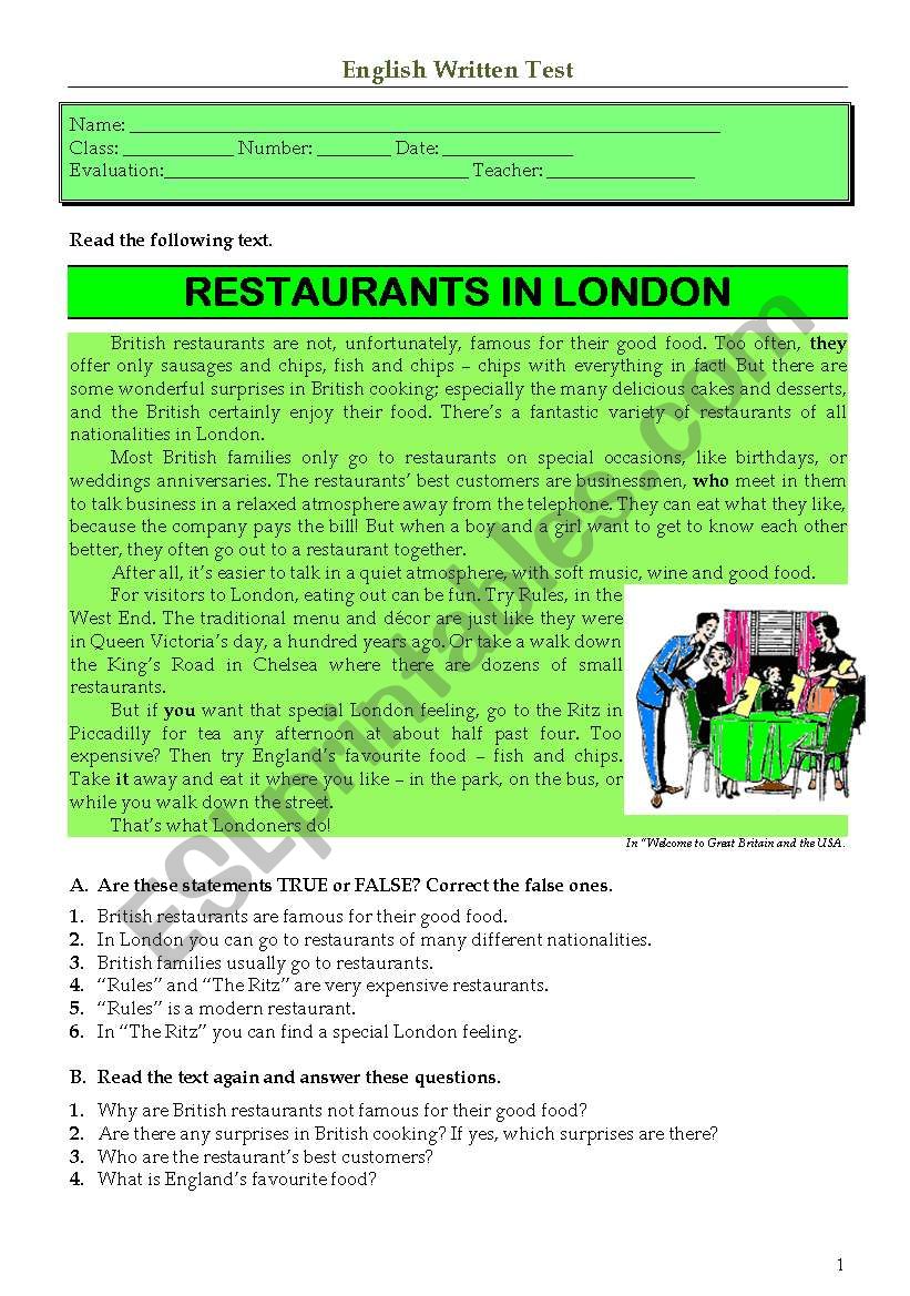 Test - Restaurants in London worksheet