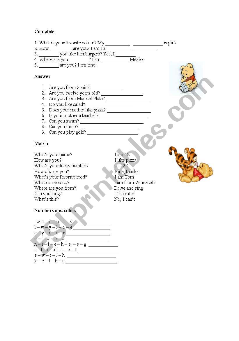 verb to be - personal information - colors and numbers