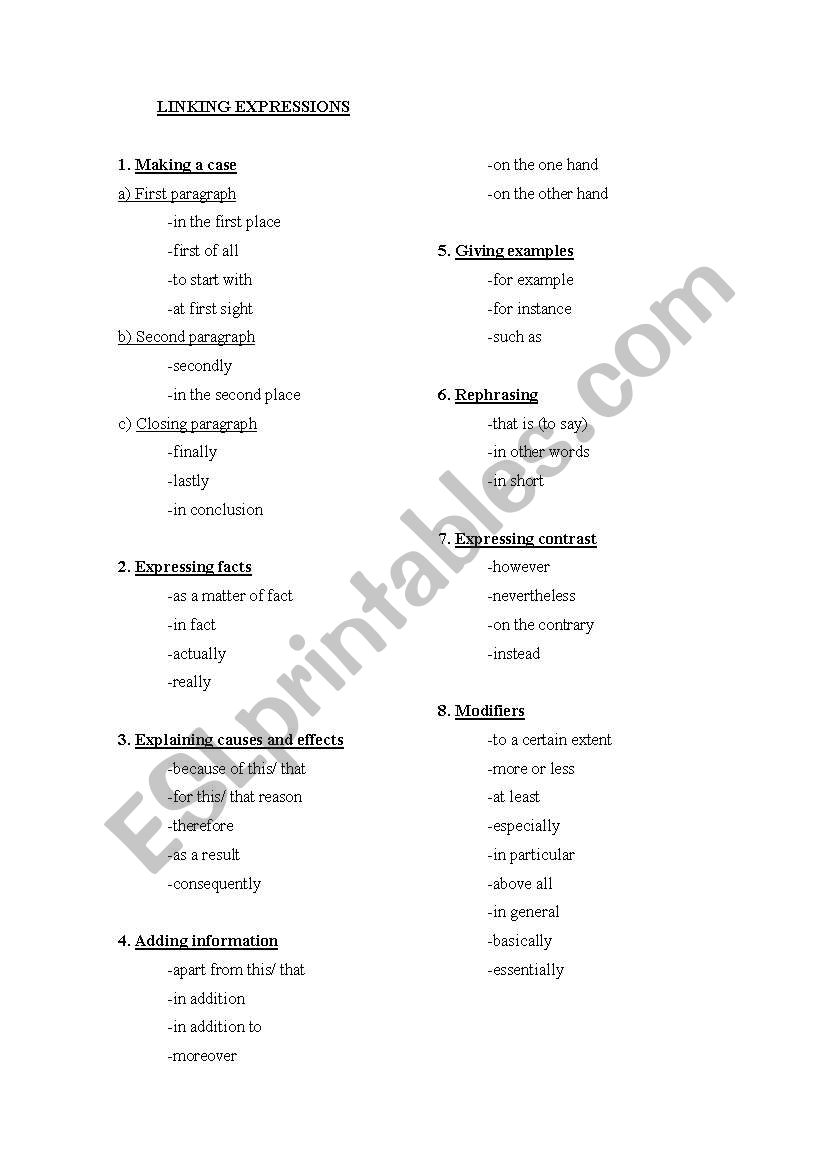 Linking expressions worksheet