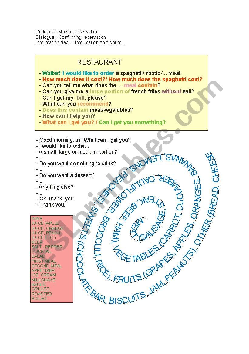 restaurant worksheet