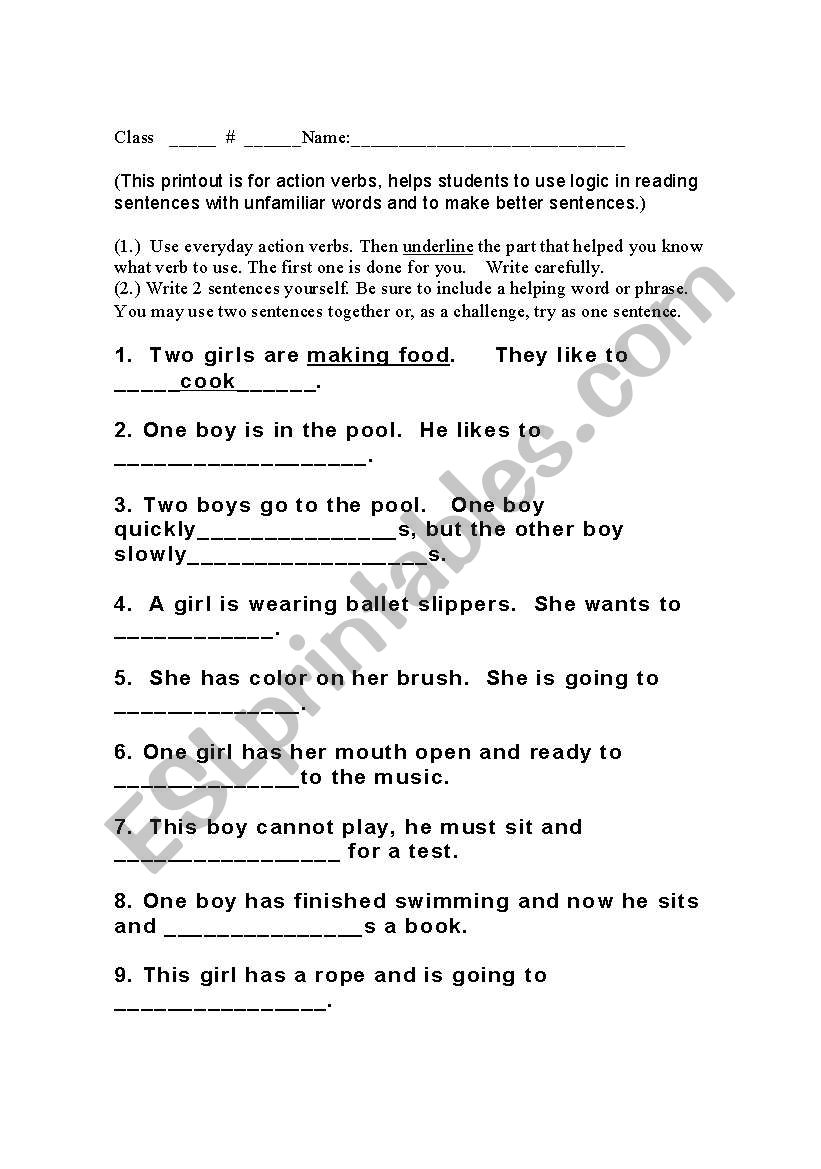 Beginning action verbs worksheet
