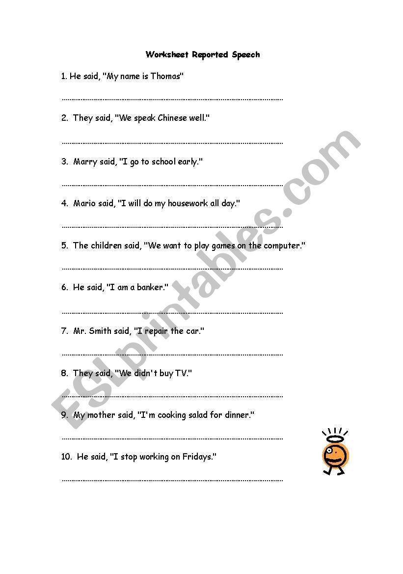 Indirect speech in statement worksheet