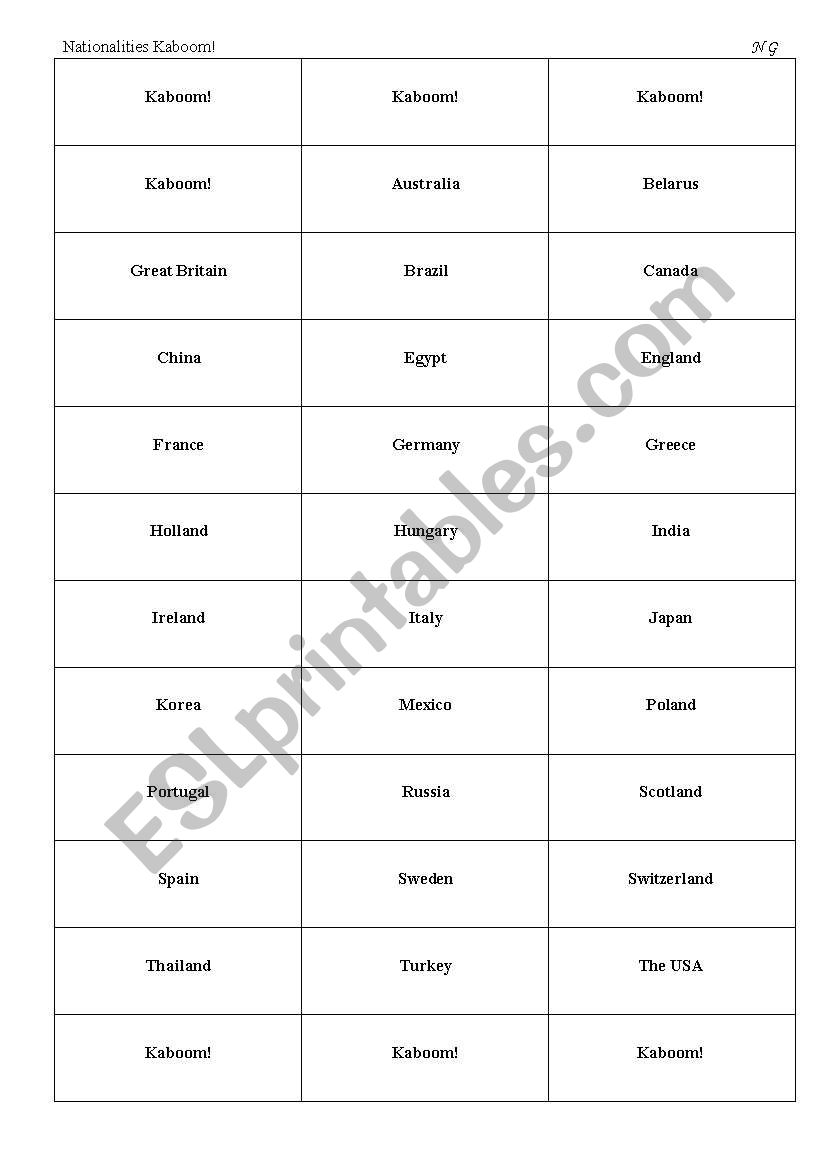 Nationalities Kaboom worksheet