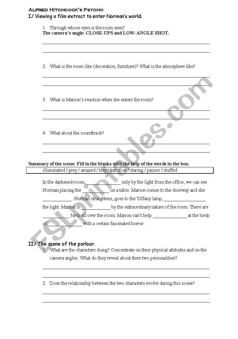 Hitchcocks PSYCHO worksheet