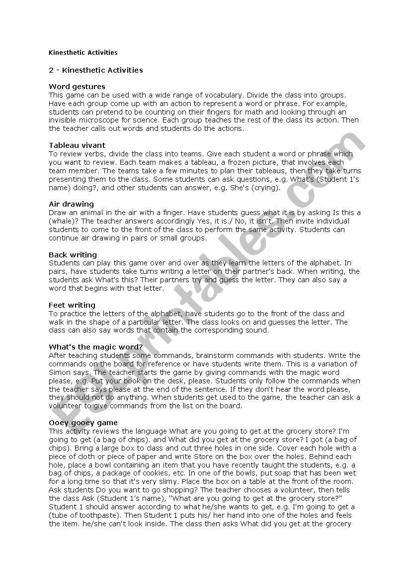 Kinesthetic Activities worksheet
