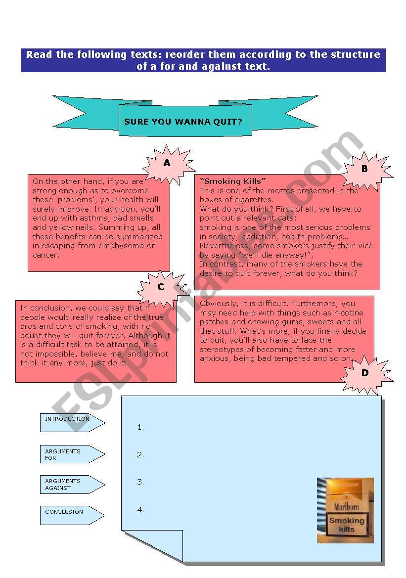 Reorder for and against text worksheet