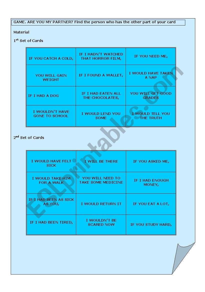 Conditionals game worksheet