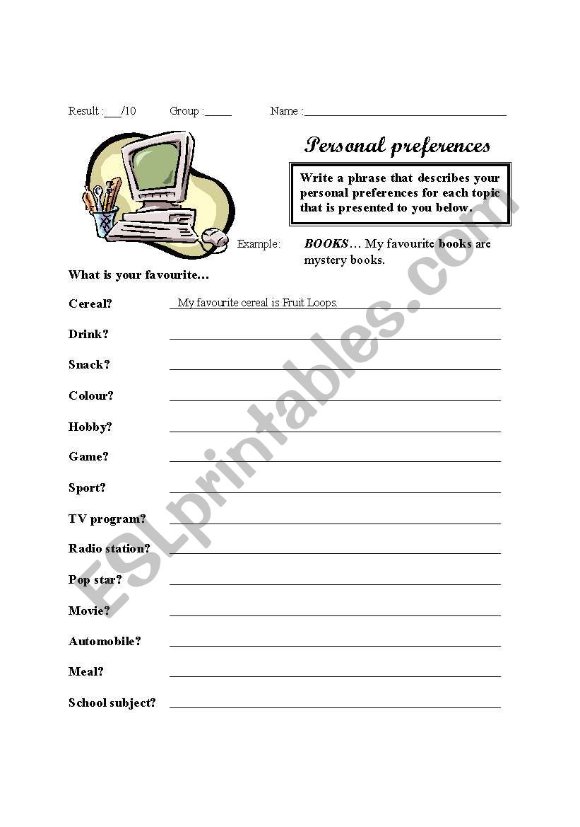 Personal preferences worksheet