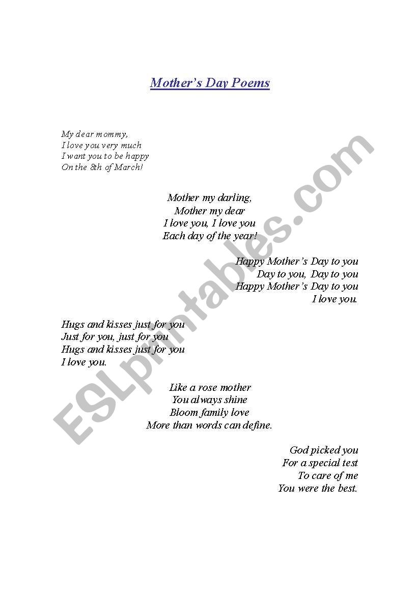 Mothers Day Poems worksheet