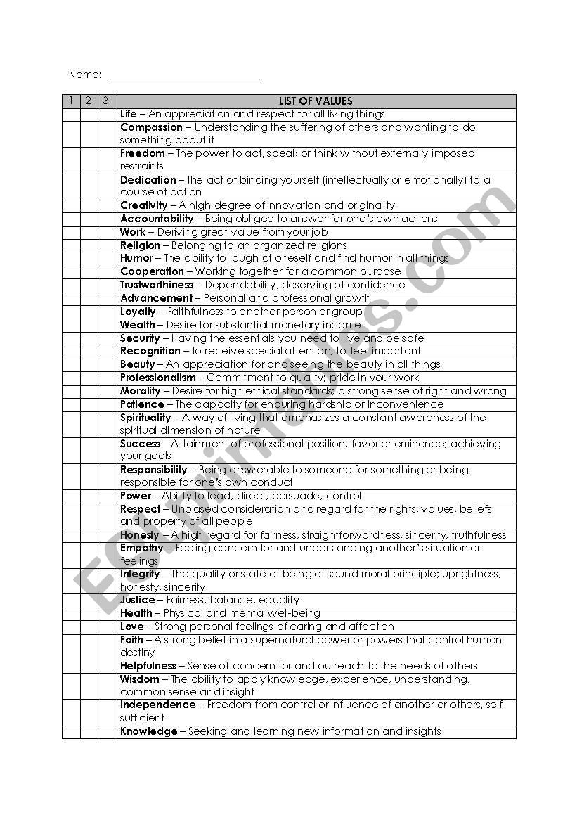 Values worksheet