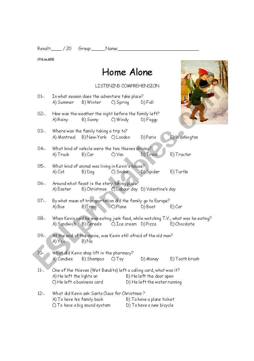 Home Alone film comprehension worksheet